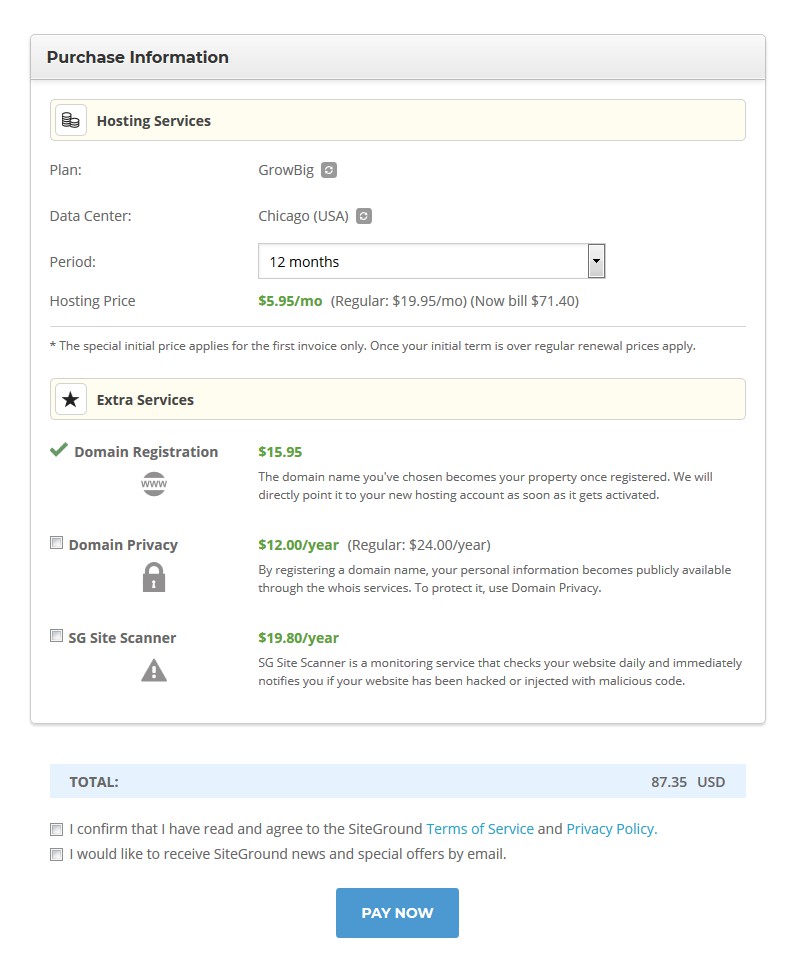 SiteGround - step 3 review and complete 2